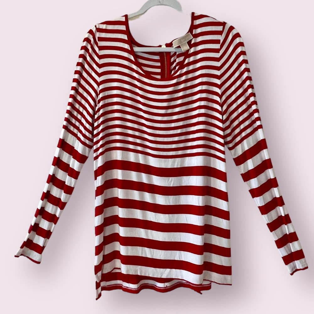 MICHAEL Michael Kors red/white striped, long sleeves, 1/4” zip back trim